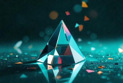 The primary subject of the image is a three-sided, colorful crystal, which appears to be a piece of art or a decorative item. The setting is a dark background, which contrasts with the vibrant colors of the crystal. The visual style of the image is a combination of photo and digital art, creating a unique and eye-catching appearance. The dominant colors in the image are blue, green, and red, which contribute to the overall mood of the scene.