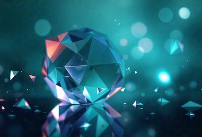 The primary subject of the image is a large, colorful, three-dimensional crystal. The setting is a blue background, which creates a contrasting and visually appealing environment. The visual style of the image is a combination of photo and digital art, giving it a unique and artistic appearance. The dominant colors in the image are blue and purple, which contribute to a calming and serene atmosphere.