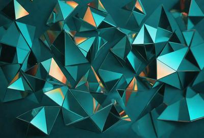 The primary subject of the image is a collection of triangular mirrors, which are arranged in various shapes and sizes. The mirrors are reflecting light, creating a visually interesting and dynamic scene. The setting is a blue background, which adds to the overall atmosphere of the image. The visual style is a combination of digital art and illustration, as the mirrors are arranged in a pattern that resembles a mosaic. The colors and mood of the image are predominantly blue, creating a sense of calmness and