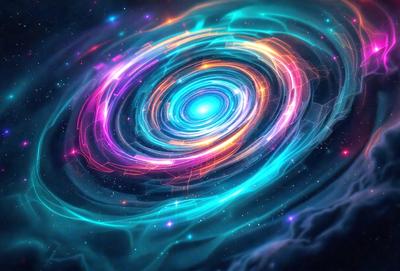 The primary subject of the image is a colorful, swirling, and spiraling pattern that resembles a galaxy or a vortex. The setting is a dark, starry background that contrasts with the vibrant colors of the swirling pattern. The visual style is a digital art or illustration, creating a dynamic and captivating scene. The dominant colors are blue, purple, and orange, giving the image a sense of depth and a mesmerizing atmosphere.