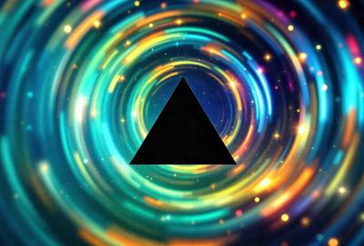 The primary subject of the image is a black triangle, which is the main object, scene, or focus of the image. The setting or background of the image is a colorful, swirling, and vibrant space, which adds to the overall atmosphere of the image. The visual style of the image is a combination of photo and digital art, creating a unique and eye-catching design. The colors and mood of the image are predominantly black and white, with the swirling colors of the background providing a sense