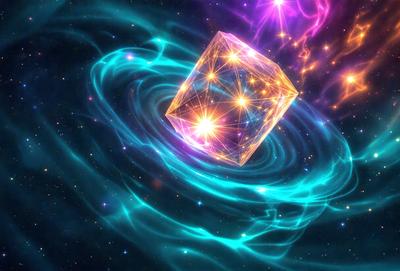 The primary subject of the image is a brightly colored, three-dimensional object, possibly a cube or a box, floating in a blue, swirling space. The setting appears to be a futuristic or fantastical environment, with the object being the main focus of the image. The visual style is a combination of digital art and illustration, creating a vibrant and dynamic scene. The colors and mood of the image are predominantly blue and purple, giving it a sense of depth and a futuristic