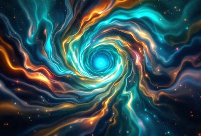 The primary subject of the image is a vibrant, colorful spiral or swirl, which appears to be a digital art or illustration. The spiral is set against a backdrop of a blue and green starry sky, creating a visually striking and lively scene. The overall atmosphere of the image is energetic and dynamic, with the spiral's vivid colors and the starry sky's celestial beauty.