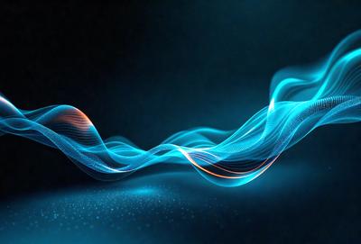 The primary subject of the image is a blue and orange wave, which appears to be a digital art or illustration. The setting is a dark background, and the visual style gives the impression of a futuristic or abstract design. The dominant colors in the image are blue and orange, creating a vibrant and dynamic atmosphere.
