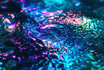 The primary subject of the image is a swirling, colorful pattern in a body of water. The setting is a dark, blue-green surface, possibly a pool or a lake. The visual style appears to be a combination of a photo and digital art, creating a unique and vibrant atmosphere. The dominant colors are blue, green, and purple, with the swirling pattern adding a sense of depth and movement to the scene.