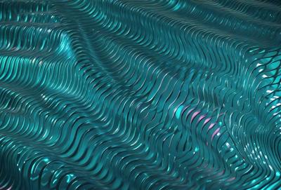 The primary subject of the image is a blue, wavy surface that resembles a water surface. The setting is a blue ocean, and the visual style is a digital art or illustration. The dominant colors are blue and green, creating a serene and calming atmosphere.