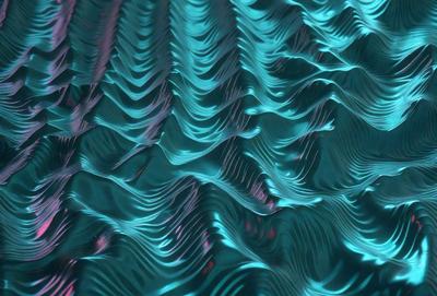 The primary subject of the image is a blue and green ocean wave. The setting is the ocean, and the visual style is a digital art or illustration. The dominant colors are blue and green, creating a serene and calming atmosphere.