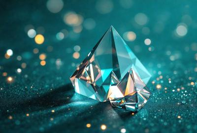 The primary subject of the image is a large, clear crystal. The setting is a dark blue background, which contrasts with the bright, reflective surface of the crystal. The visual style is a close-up of the crystal, showcasing its unique shape and structure. The colors and mood of the image are predominantly dark and moody, with the blue background providing a sense of depth and contrast to the crystal.