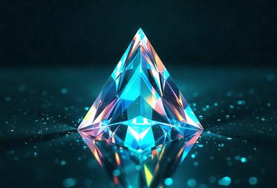 The primary subject of the image is a large, blue crystal. The setting is a dark background, which contrasts with the bright blue crystal. The visual style is a close-up of the crystal, showcasing its unique and intricate structure. The colors and mood of the image are predominantly blue, creating a sense of depth and tranquility.