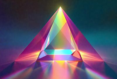 The primary subject of the image is a colorful, three-sided pyramid. The pyramid is made up of various colors, including pink, blue, and yellow. The setting is a dark blue background, which contrasts with the vibrant colors of the pyramid. The visual style of the image is a combination of digital art and illustration, creating a unique and eye-catching design. The overall atmosphere of the image is lively and energetic, thanks to the vivid colors and the