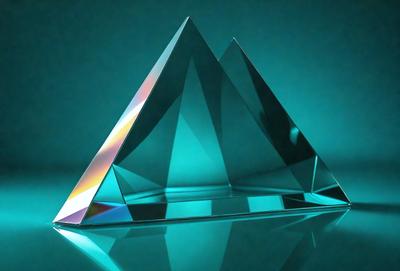The primary subject of the image is a large, clear, and colorful glass triangle. The glass triangle is placed on a table, which serves as the setting or background. The visual style of the image is a close-up of the glass triangle, showcasing its intricate design and vibrant colors. The dominant colors in the image are blue and purple, creating a sense of depth and sophistication.