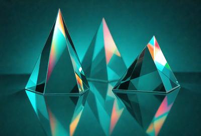The primary subject of the image is a group of three crystal-like structures, each with a different shape and color. They are placed on a green surface, which serves as the setting or background. The visual style of the image is a combination of photo and digital art, as the crystals appear to be both real and artificial. The colors and mood of the image are predominantly blue and green, giving the scene a calm and serene atmosphere.