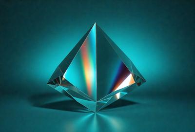 The primary subject of the image is a large, clear crystal, which is the main focus of the scene. The crystal is placed on a blue surface, which serves as the background. The visual style of the image is a combination of photo and digital art, creating a realistic yet artistic representation of the crystal. The dominant colors in the image are blue and green, giving the scene a calm and serene atmosphere.