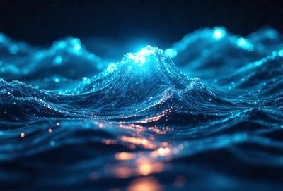 The primary subject of the image is a blue ocean with a wave that is illuminated by a blue light. The setting is a dark blue background, which creates a contrasting effect with the blue light. The visual style is a digital art or illustration, as the light and the wave are depicted in a creative and artistic manner. The colors and mood of the image are predominantly blue, giving it a serene and calming atmosphere.