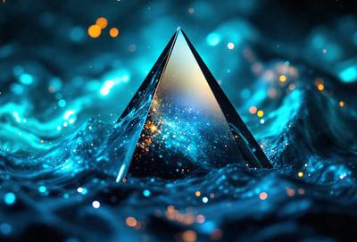 The primary subject of the image is a blue triangle, which is the main object, scene, or focus of the image. The setting or background of the image is a blue ocean, with the triangle floating on the water. The visual style of the image is a digital art or illustration, as it appears to be a computer-generated or digitally created image. The dominant colors in the image are blue and white, creating a calm and serene atmosphere.