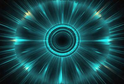 The primary subject of the image is a blue circle with a black center. The setting is a blue background, and the visual style appears to be a digital art or illustration. The dominant colors are blue and black, creating a sense of depth and contrast.