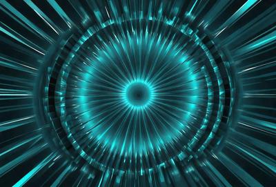 The primary subject of the image is a blue, circular, and glowing object, which appears to be a light source or a neon-like element. The setting is a dark background, which contrasts with the bright blue light. The visual style is a combination of a photo and a digital art, as the light source has a distinctive and artistic appearance. The colors and mood of the image are predominantly blue, creating a sense of depth and a futuristic atmosphere.
