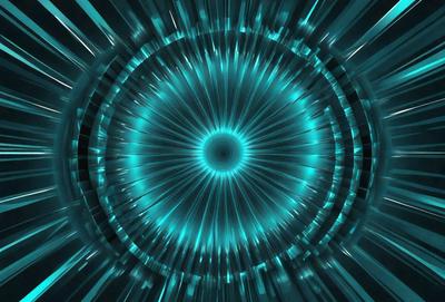 The primary subject of the image is a blue, circular, and glowing object, which appears to be a light source or a neon-like element. The setting is a dark background, which contrasts with the bright blue light. The visual style is a combination of a photo and a digital art, as the light source has a distinctive and artistic appearance. The colors and mood of the image are predominantly blue, creating a sense of depth and a futuristic atmosphere.