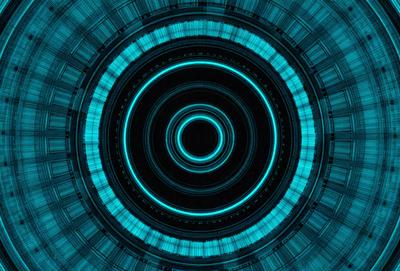 The primary subject of the image is a blue circle with a black center. The setting is a dark background, and the visual style appears to be a digital art or illustration. The dominant colors are blue and black, creating a mood of mystery and intrigue.