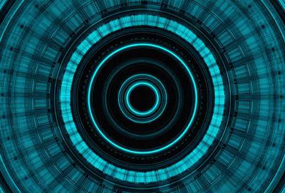 The primary subject of the image is a blue circle with a black center. The setting is a dark background, and the visual style appears to be a digital art or illustration. The dominant colors are blue and black, creating a mood of mystery and intrigue.