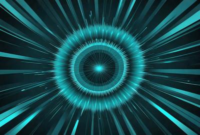 The primary subject of the image is a blue circle with a bright light in the center. The circle appears to be a part of a larger, more complex pattern. The setting is a dark background, which contrasts with the bright light in the center of the circle. The visual style of the image is a combination of digital art and illustration, creating a unique and eye-catching design. The dominant colors in the image are blue and white, with the blue circle being the most prominent feature. The overall atmosphere of the image is dynamic and