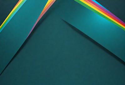 The primary subject of the image is a blue background with a pattern of rainbow colors. The setting is a dark room, and the visual style appears to be a combination of a photo and a digital art or illustration. The colors and mood of the image are vibrant and lively, with the blue background and the rainbow pattern creating a sense of depth and visual interest.
