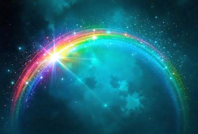 The primary subject of the image is a rainbow, which is a vibrant and colorful arc of light. The rainbow is set against a dark blue sky, creating a striking contrast. The visual style of the image is a digital art or illustration, as it appears to be a well-crafted and detailed representation of the rainbow. The colors and mood of the image are lively and uplifting, as the rainbow is often associated with positive emotions and hope.