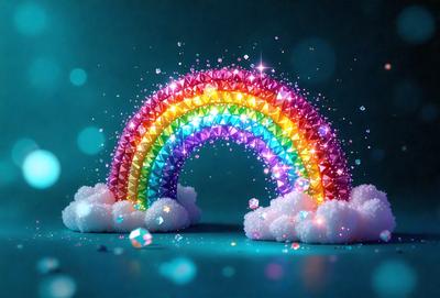 The primary subject of the image is a rainbow-colored, three-dimensional model of a rainbow. The setting is a dark blue background, which contrasts with the vibrant colors of the rainbow. The visual style is a combination of digital art and illustration, creating a unique and eye-catching representation of the rainbow. The colors and mood of the image are lively and cheerful, with the rainbow's bright hues evoking a sense of happiness and positivity.