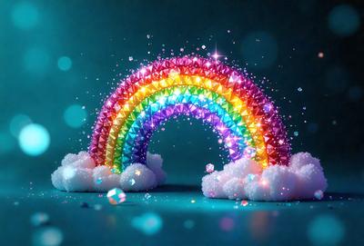 The primary subject of the image is a rainbow-colored, three-dimensional model of a rainbow. The setting is a dark blue background, which contrasts with the vibrant colors of the rainbow. The visual style is a combination of digital art and illustration, creating a unique and eye-catching representation of the rainbow. The colors and mood of the image are lively and cheerful, with the bright colors of the rainbow creating a sense of happiness and positivity.