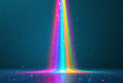 The primary subject of the image is a brightly colored, rainbow-like light source. The light is emanating from a central point and appears to be a neon or laser light. The setting is a dark background, which contrasts with the vibrant colors of the light source. The visual style of the image is a combination of digital art and illustration, creating a dynamic and eye-catching scene. The colors and mood of the image are predominantly bright and lively, with the rainbow colors