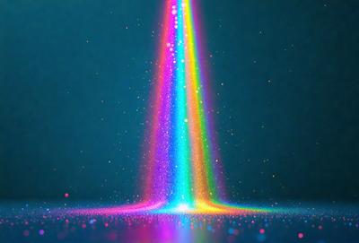 The primary subject of the image is a brightly colored, rainbow-like light beam. The light beam is emanating from a central point and appears to be a neon or laser light. The setting is a dark background, which contrasts with the vibrant colors of the light beam. The visual style of the image is a combination of digital art and illustration, creating a dynamic and eye-catching scene. The colors and mood of the image are predominantly bright and lively, with the light beam