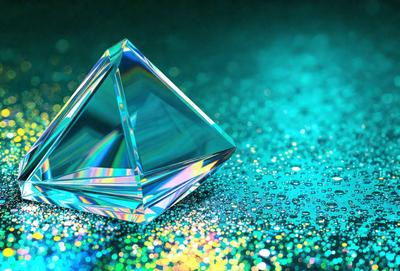 The primary subject of the image is a large, clear, blue crystal. The setting is a blue background, which creates a striking contrast with the crystal. The visual style is a close-up of the crystal, showcasing its unique shape and color. The colors and mood of the image are predominantly blue, giving it a calm and serene atmosphere.