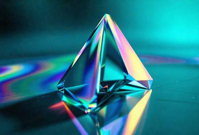 The primary subject of the image is a large, colorful, three-sided crystal. The crystal is placed on a blue surface, which adds to the overall visual style of the image. The colors and mood of the image are vibrant and lively, with the blue surface and the crystal's vivid colors creating a sense of depth and dimension.