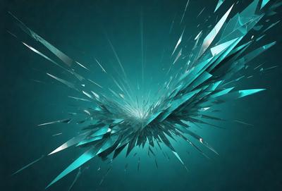 The primary subject of the image is a large, shattered piece of glass, which appears to be a digital art or illustration. The setting is a dark blue background, which contrasts with the shattered glass. The visual style gives the impression of a futuristic or abstract scene. The colors and mood of the image are predominantly dark and moody, with the shattered glass creating a sense of chaos and disorder.