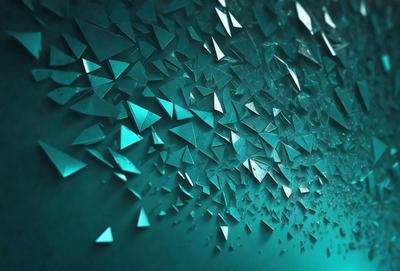 The primary subject of the image is a large, blue, glass-like wall with a pattern of triangles. The setting is a dark room, and the visual style appears to be a combination of digital art and illustration. The dominant colors are blue and white, creating a calm and serene atmosphere.