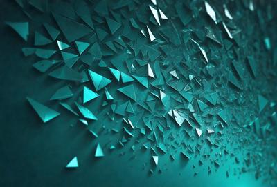 The primary subject of the image is a large, blue, glass-like wall with a pattern of triangles. The setting is a dark room, and the visual style appears to be a combination of digital art and illustration. The dominant colors are blue and white, creating a calm and serene atmosphere.