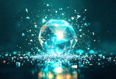 The primary subject of the image is a large, blue, crystal-like sphere. The setting is a dark background, which contrasts with the bright blue color of the sphere. The visual style appears to be a digital art or illustration, as the sphere is depicted in a three-dimensional manner. The colors and mood of the image are predominantly blue, creating a sense of depth and tranquility.
