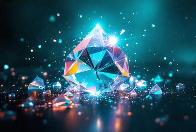 The primary subject of the image is a large, colorful crystal, which appears to be a three-dimensional model or a digital art piece. The setting is a dark background, which contrasts with the bright colors of the crystal. The visual style is a combination of photo and digital art, creating a unique and eye-catching image. The dominant colors are blue, purple, and yellow, giving the scene a vibrant and lively atmosphere.