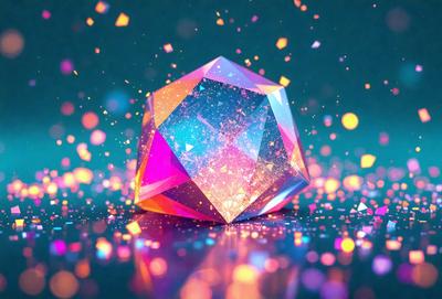 The primary subject of the image is a colorful, three-dimensional geometric shape, possibly a cube or a pyramid, with a vibrant blue and pink color scheme. The setting is a dark background, which contrasts with the bright colors of the geometric shape. The visual style of the image is a combination of photo and digital art, creating a unique and eye-catching display. The colors and mood of the image are lively and energetic, with the bright blue and pink hues evoking a