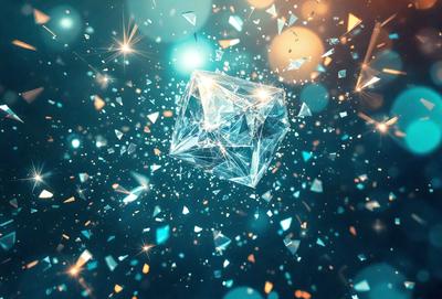 The primary subject of the image is a three-dimensional, geometric shape, possibly a cube or a diamond, floating in a blue, starry background. The visual style of the image is digital art, as it appears to be a computer-generated or manipulated image. The colors and mood of the image are predominantly blue and serene, with the starry background adding a sense of depth and dimension to the overall composition.