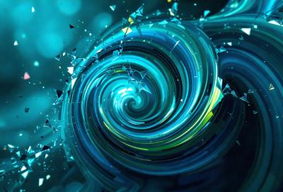 The primary subject of the image is a spiral-shaped blue and yellow pattern. The setting is a dark blue background, which contrasts with the vibrant colors of the spiral. The visual style appears to be a digital art or illustration, as the spiral is composed of multiple triangles and the colors are rich and vivid. The overall atmosphere of the image is dynamic and eye-catching, with the spiral pattern creating a sense of movement and energy.