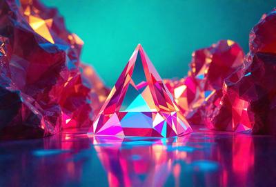 The primary subject of the image is a large, colorful, three-dimensional triangle. The triangle is placed on a table, surrounded by a variety of smaller, colorful triangles. The setting appears to be a studio or workspace, with the triangles arranged in a visually appealing manner. The visual style of the image is a combination of digital art and illustration, creating a vibrant and dynamic scene. The colors and mood of the image are predominantly pink and purple, giving the scene a warm