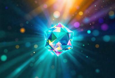The primary subject of the image is a brightly colored, three-dimensional geometric shape, possibly a cube or a diamond, with a vibrant blue hue. The setting is a dark, starry background, which contrasts with the brightly lit geometric shape. The visual style of the image is a combination of digital art and illustration, creating a unique and eye-catching design. The colors and mood of the image are energetic and lively, with the blue geometric shape standing out against the dark, star