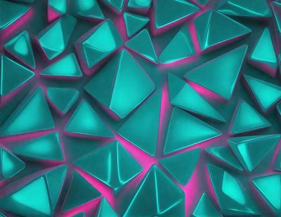 The primary subject of the image is a large, colorful, and intricate pattern made up of triangles. The pattern is predominantly blue and pink, creating a vibrant and lively atmosphere. The setting is a wall, and the visual style appears to be a combination of digital art and illustration. The overall mood of the image is energetic and captivating, with the triangular pattern serving as the focal point.