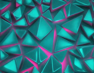 The primary subject of the image is a large, colorful, and intricate pattern made up of triangles. The pattern is predominantly blue and pink, creating a vibrant and lively atmosphere. The setting is a wall, and the visual style appears to be a combination of digital art and illustration. The overall mood of the image is energetic and captivating, with the triangular pattern serving as the focal point.
