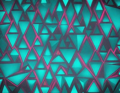 The primary subject of the image is a colorful, geometric pattern made up of triangles. The pattern is predominantly blue and pink, creating a vibrant and lively atmosphere. The setting is a wall, and the visual style appears to be a combination of digital art and illustration. The overall mood of the image is energetic and engaging, with the triangular shapes creating a sense of depth and complexity.