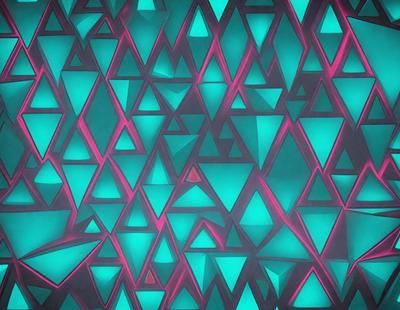 The primary subject of the image is a colorful, geometric pattern made up of triangles. The pattern is displayed on a blue background, creating a visually striking and vibrant scene. The visual style of the image is a combination of digital art and illustration, with the triangles appearing to be made of neon colors. The overall atmosphere of the image is lively and energetic, with the bright colors and intricate pattern drawing the viewer's attention.