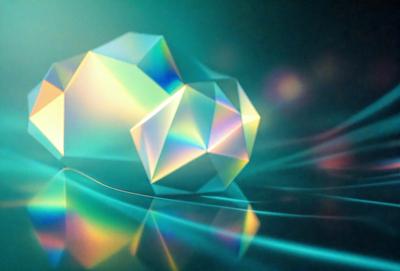 The primary subject of the image is a three-dimensional, colorful geometric shape, possibly a cube or a pyramid, floating in a blue, reflective space. The setting appears to be a dark room with a blue background, which adds to the overall mood of the image. The visual style of the image is a combination of digital art and illustration, creating a unique and captivating scene.