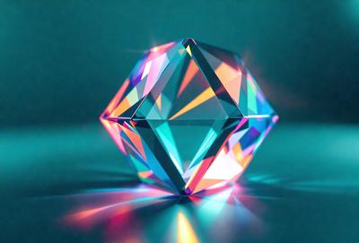 The primary subject of the image is a large, colorful, three-dimensional crystal cube. The cube is placed on a blue surface, which serves as the setting or background. The visual style of the image is a combination of photo and digital art, creating a vibrant and eye-catching display. The dominant colors in the image are blue and various shades of the rainbow, giving the scene a lively and energetic atmosphere.