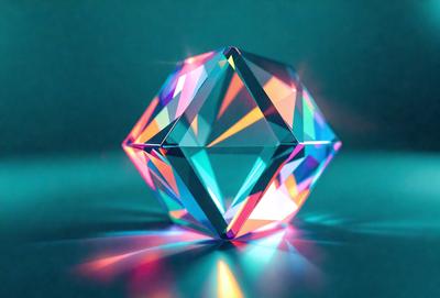 The primary subject of the image is a large, colorful, three-dimensional crystal cube. The cube is placed on a blue surface, which serves as the setting or background. The visual style of the image is a combination of photo and digital art, creating a vibrant and eye-catching display. The dominant colors in the image are blue and various shades of the rainbow, giving the scene a lively and energetic atmosphere.